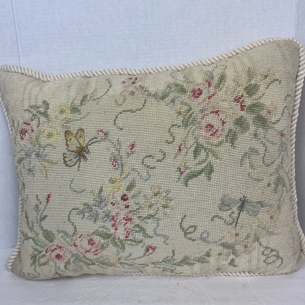 Beautiful vintage cream needlepoint with floral/butterfly/dragonfly design